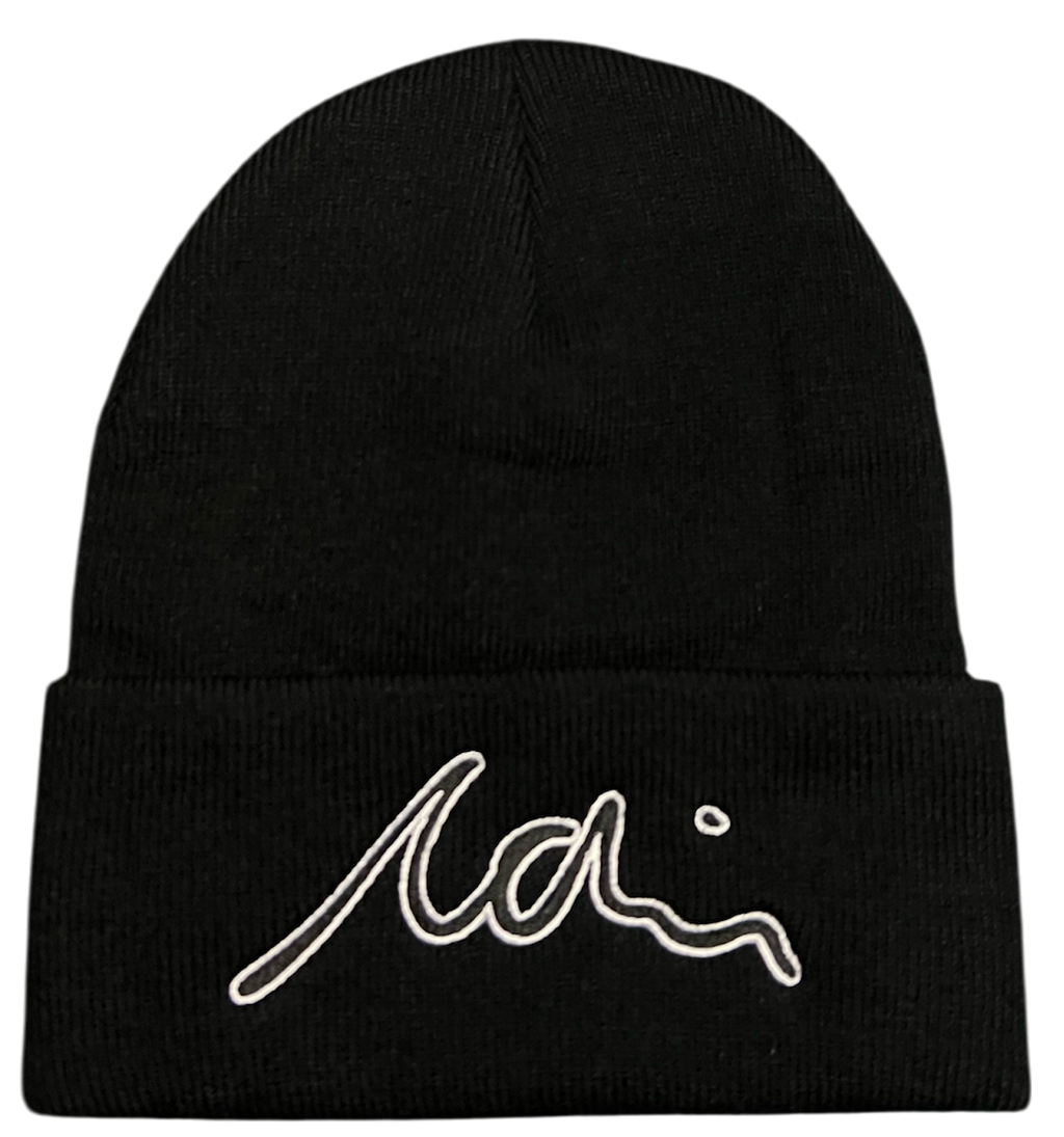 A black beanie with a embroidered logo on the front.